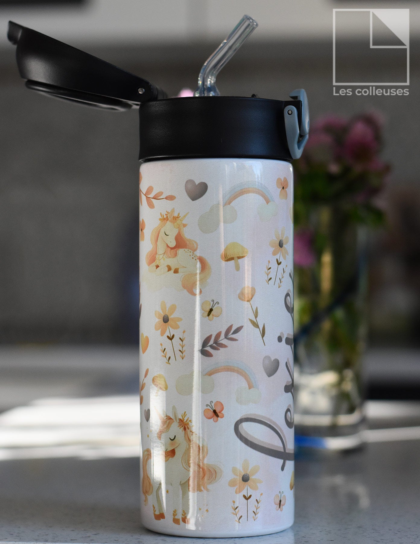 Bouteille isotherme enfant « Licornes roses et oranges »