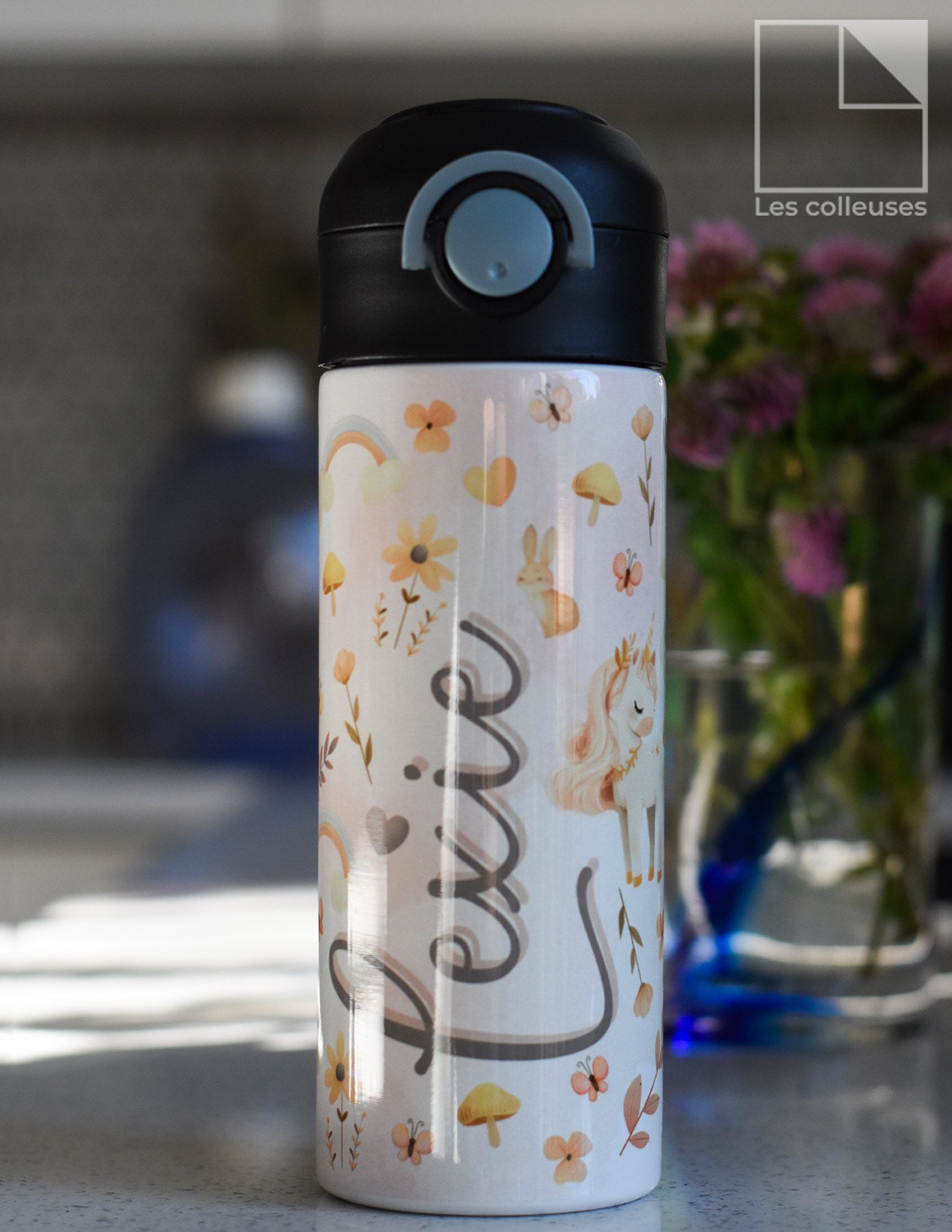 Bouteille isotherme enfant « Licornes roses et oranges »