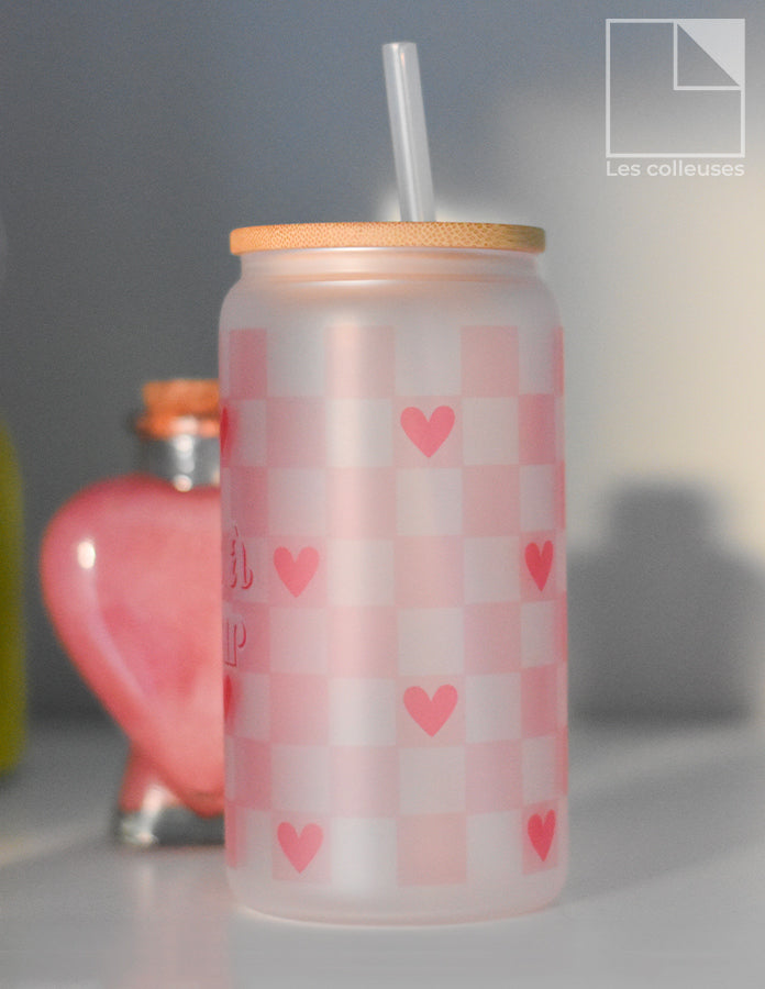 Verre style canette avec couvercle bamboo « Cheers à l&