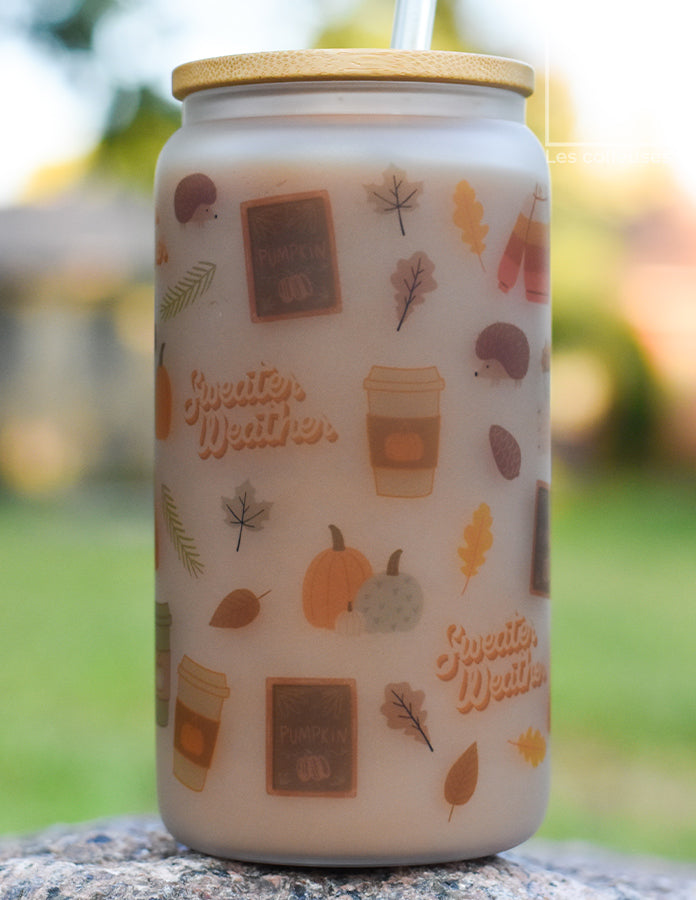 Verre style canette avec couvercle bamboo « Sweater weather »