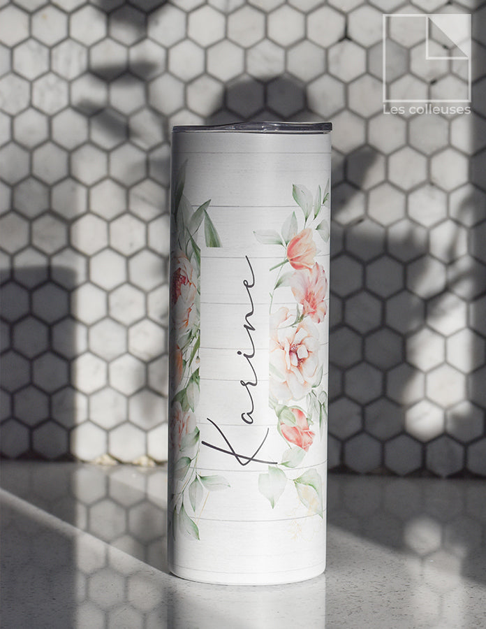 Grand verre à paille thermos « (Prénom) fleurs bois »