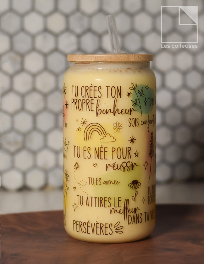 Verre style canette avec couvercle bamboo « Pensées de douceur »