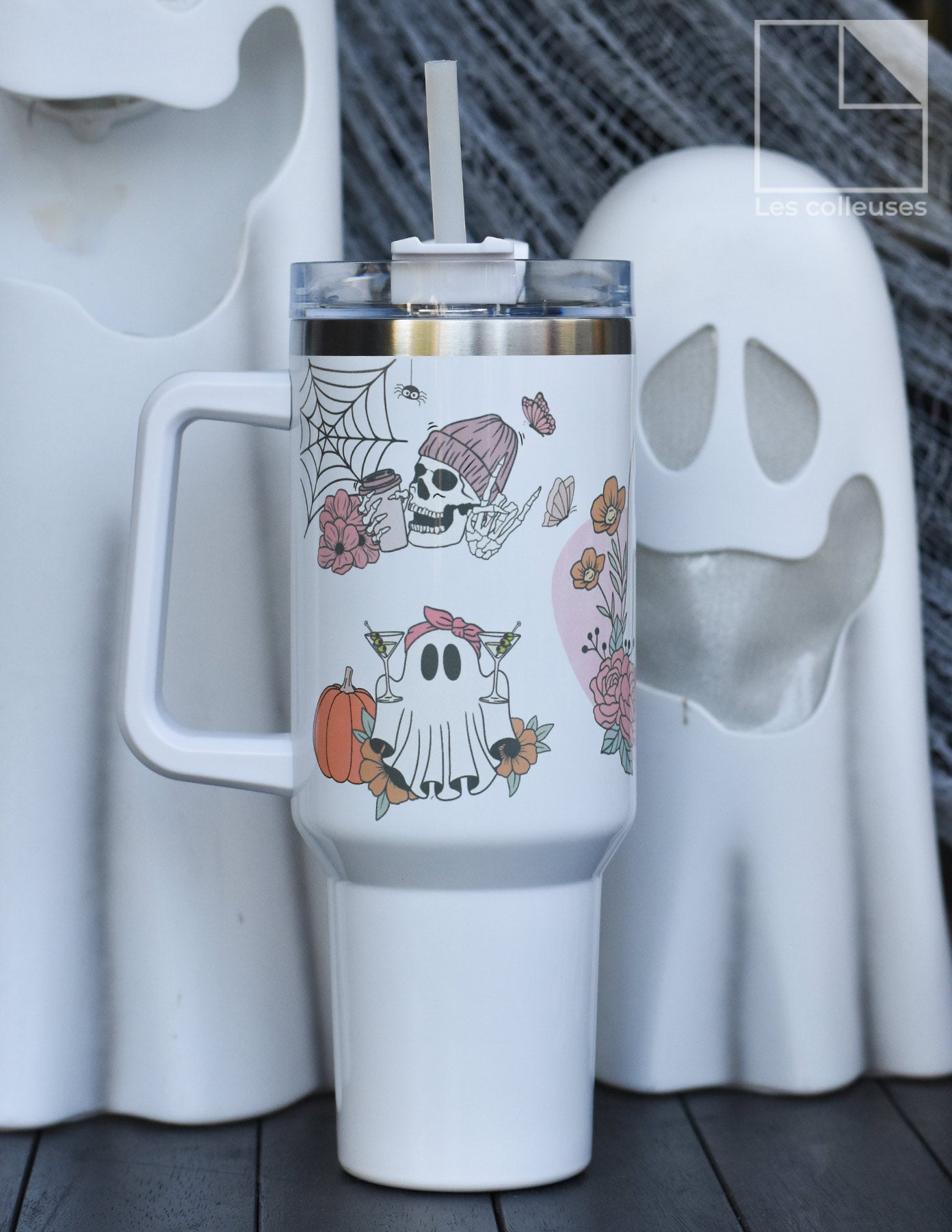 Gobelet thermos 40 oz avec poignée et couvercle à paille « Halloween »