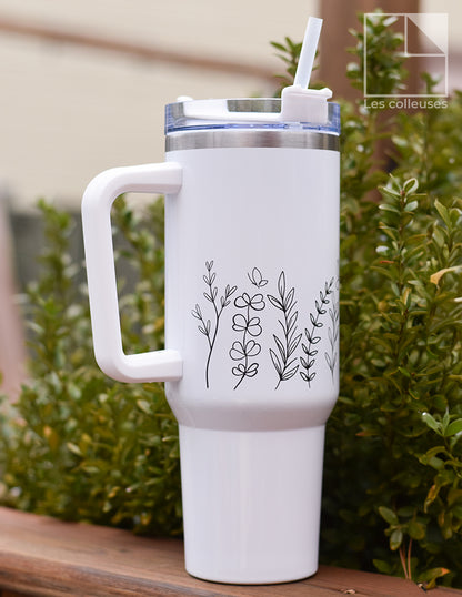 Gobelet thermos 40 oz avec poignée et couvercle à paille « Fleurir »