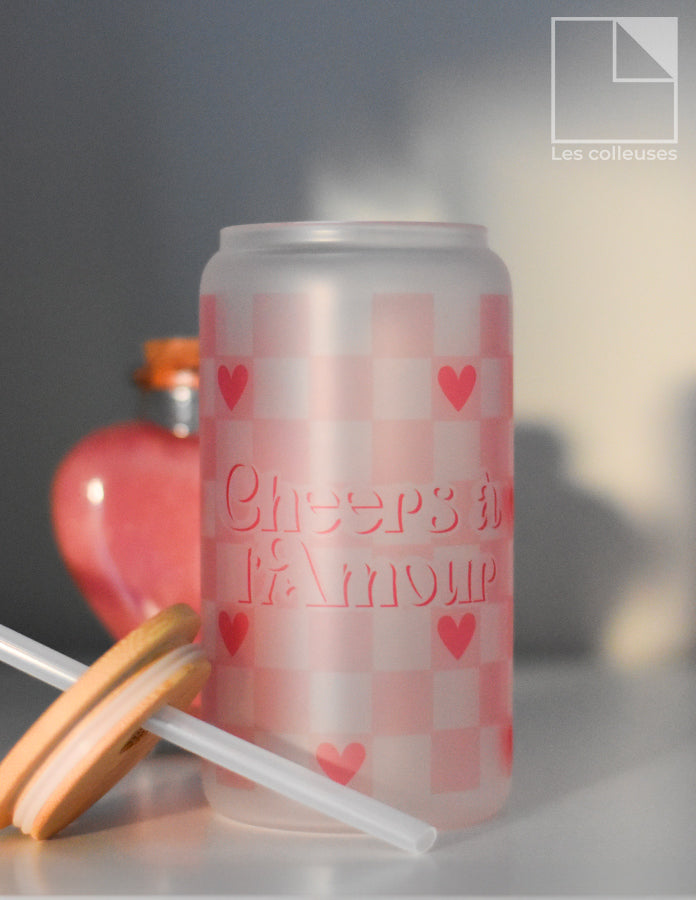 Verre style canette avec couvercle bamboo « Cheers à l&