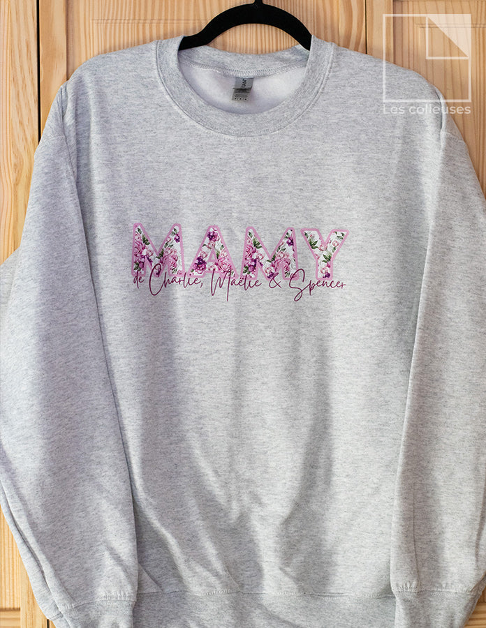 Chandail crewneck « Mamie de... - Fleurs roses »