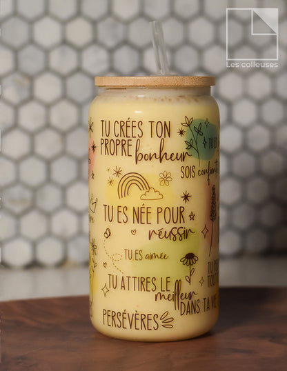 Verre style canette avec couvercle bamboo « Pensées de douceur »